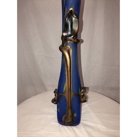 Handmade Blown Glass Vase Engraved with Metal Blue yellow Art Nouveau Style - Picture 3 of 11